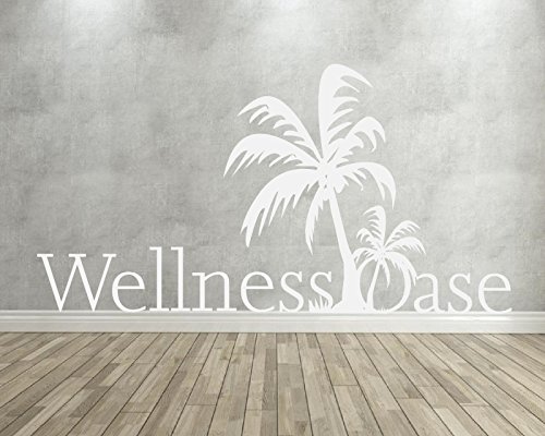 XL Wandtattoo fürs Badezimmer, Bad ~ Spruch, Text Wellness Oase mit Palme ~ 6001191-120x58 cm Wandaufkleber Wandtatoos Sticker Aufkleber für die Wand, Fensterbild, Tapetensticker, Türaufkleber, Tattoo aus Markenfolie in 32 Farben von Blumenauto