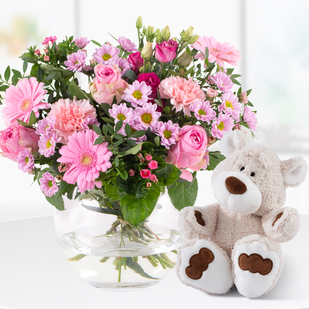 Blumenstrauß + Teddybär zur Geburt eines Mädchens von Blumenshop.de