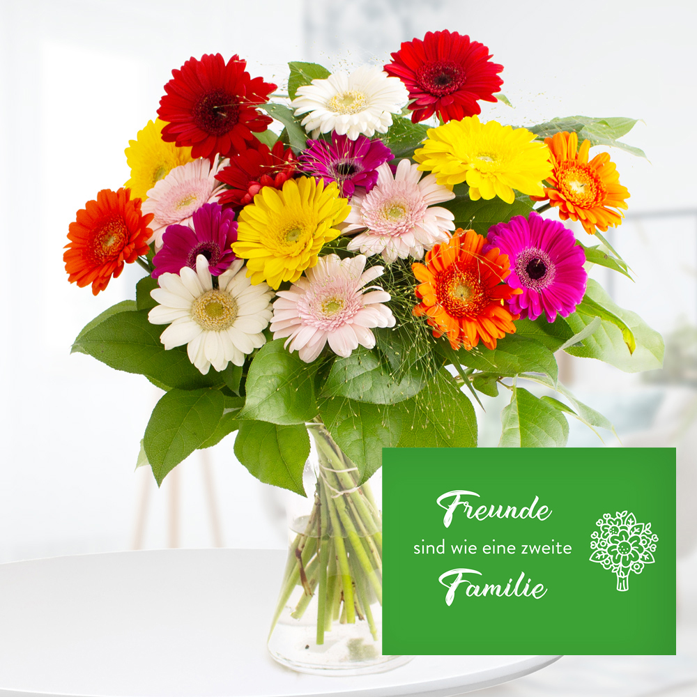 Blumenstrauß Bunte Gerbera + "Freunde sind wie eine zweite Familie" Karte von Blumenshop.de