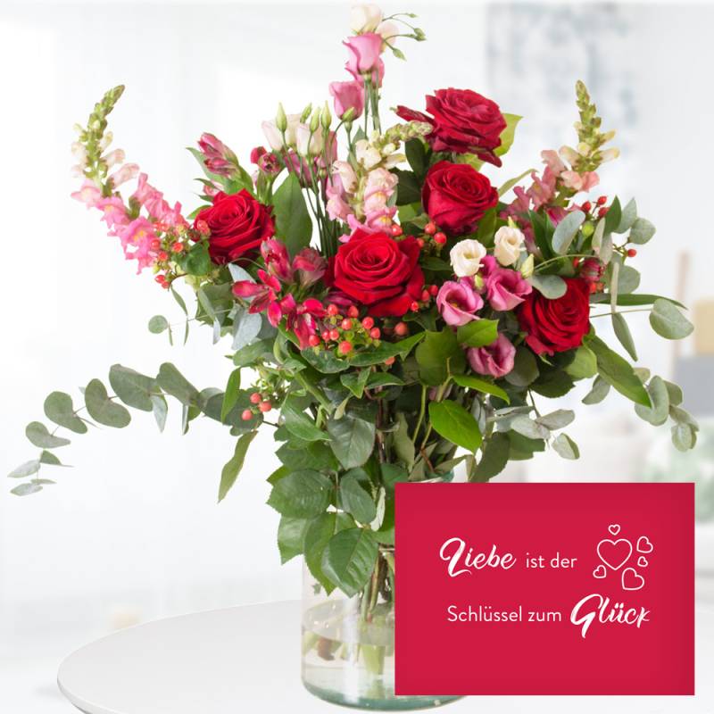 Blumenstrauß Süße Romanze + "Liebe ist der Schlüssel zum Glück" Karte von Blumenshop.de