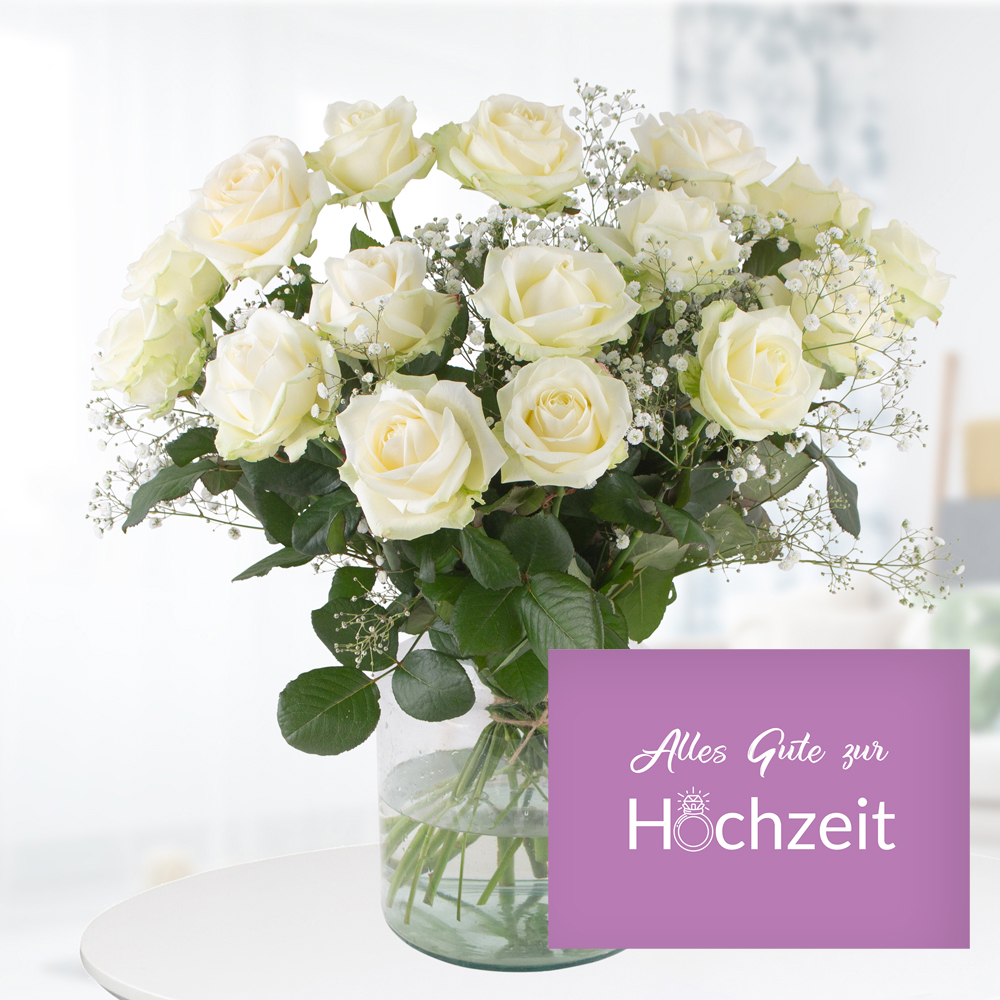 Weiße Premium-Rosen mit Schleierkraut + "Alles Gute zur Hochzeit" Karte von Blumenshop.de