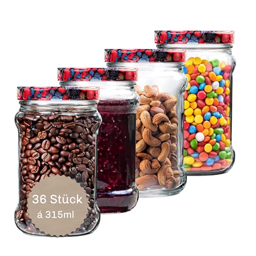 Blumixx Einmachgläser 315ml - 36x Vorratsgläser mit Deckel luftdicht und vielseitig einsetzbar - Marmeladengläser, Aufbewahrungsgläser Küche - Glasbehälter für Oats - Konservierung Vorrat Einkochen von Blumixx