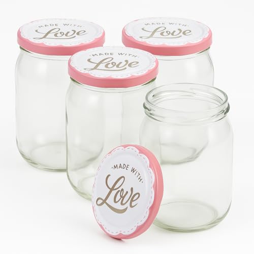 Blumixx Einmachgläser mit Schraubdeckel 4er Pack Einmachglas mit Deckel „Made with Love“ in Rosa - 900ml Fassungsvermögen - Ideal für Erntezeit, Konservierung & stilvolle Aufbewahrung von Blumixx