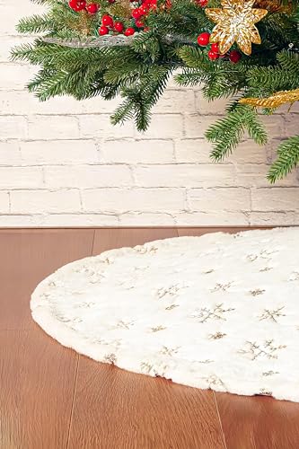 Christbaumrock mit goldenen Schneeflocken-Motiv aus Fellimitat, Durchmesser 98 cm – Elegante Unterlage und festlicher Teppich für Ihren Weihnachtsbaum von Blumixx