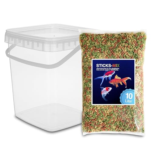 Teichsticks Mix 10L (800g) inklusive Eimer mit Deckel – buntes Fischfutter für Koi, Goldfisch & Teichfisch – schwimmfähig, mit Vitaminen – Premium Alleinfutter, Nicht trübend von Blumixx