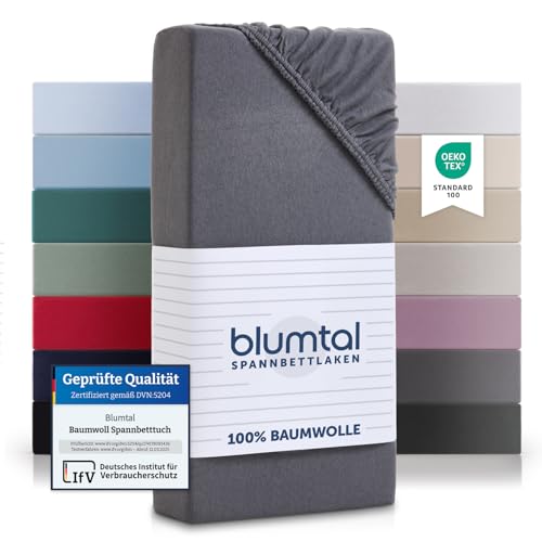 Blumtal® Baumwolle Spannbettlaken 90x190 cm Basics Jersey - Bettlaken 90x190 cm - Oeko-TEX zertifiziertes Spannbetttuch 90x190 cm - Matratzenbezug 90x190 cm - Leintuch - Bettbezug - Grau von Blumtal