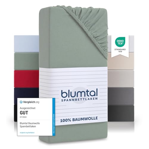 Blumtal® Baumwolle Spannbettlaken 90x190 cm Basics Jersey - Bettlaken 90x190 cm - Oeko-TEX zertifiziertes Spannbetttuch 90x190 cm - Matratzenbezug 90x190 cm - Bettbezug - Summergreen - Grün von Blumtal