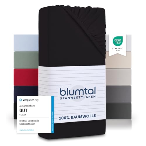 Blumtal® Baumwolle Spannbettlaken für Topper 100x200 cm Basics Jersey - Bettlaken 100x200 cm -Oeko-TEX zertifiziertes Spannbetttuch 100x200 cm - Topper Spannbettlaken 100x200 cm - Schwarz von Blumtal