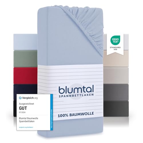 Blumtal® Baumwolle Spannbettlaken 100x200cm Basics Jersey - Bettlaken 100x200cm - Oeko-TEX zertifiziertes Spannbetttuch 100x200cm - Matratzenbezug 100x200cm - Leintuch - Bettbezug - Hellblau von Blumtal