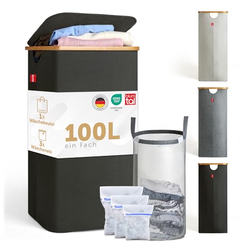 Blumtal® Wäschekorb 1 Fach 100L - waschbarer und hygienischer Wäschesammler schmal mit Wäschenetz - Wäschekorb mit Deckel & Bambusrand - schmaler Wäschekorb - Laundry Basket - Wäschekorb schwarz von Blumtal