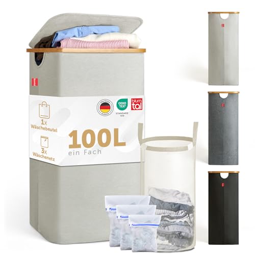 Blumtal® Wäschekorb 1 Fach 100L - waschbarer und hygienischer Wäschesammler schmal mit herausnehmbarem Wäschenetz - Wäschekorb mit Deckel & Bambusrand - Wäscheboxen - Laundry Basket - Wäschekorb beige von Blumtal