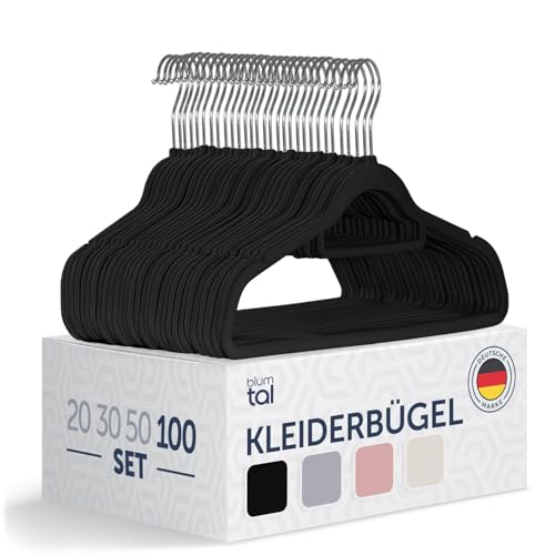 Blumtal Kleiderbügel 100 Stück - Kleiderbügel Samt 360° drehbar und belastbar - Kleiderbügel platzsparend und rutschfest - Kleiderbügel Schwarz mit Samtbezug - Samtbügel - Schwarze Kleiderbügel von Blumtal