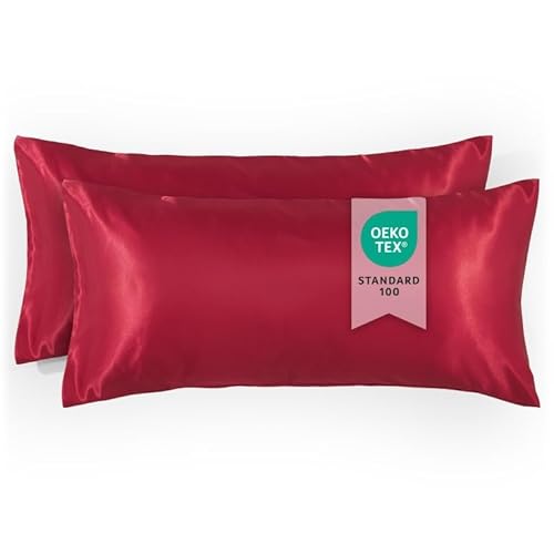 Blumtal 2er Set Satin Kissenbezug 50 x 70cm - Kopfkissenbezug Oeko-tex Zertifiziert, Antistatisch für Haar und Haut, Kissenhülle mit verstecktem Reißverschluss, Rojo von Blumtal