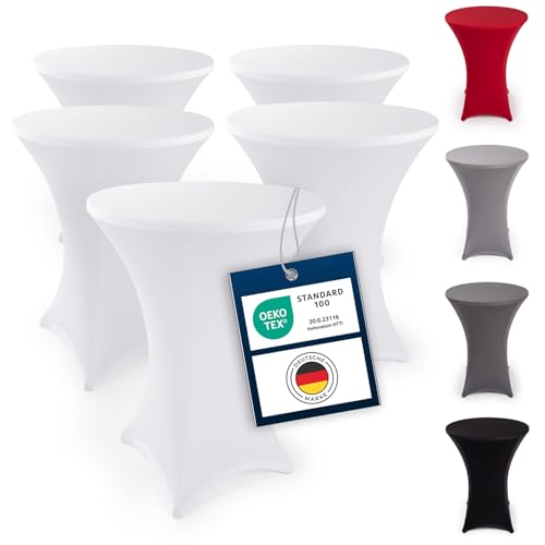 Blumtal 5er Set Stretch Stehtisch Hussen Bügelfrei - Oeko -TEX zertifizierte Tischhussen für Stehtische Ø 60 – 65 cm - Verstärkung im Fußbereich - waschmaschinengeeignet - Weiß von Blumtal