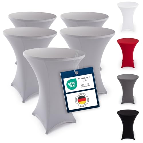 Blumtal 5er Set Stretch Stehtisch Hussen Bügelfrei - Oeko -TEX zertifizierte Tischhussen für Stehtische Ø 70 – 75 cm - Verstärkung im Fußbereich - waschmaschinengeeignet - Silbergrau von Blumtal