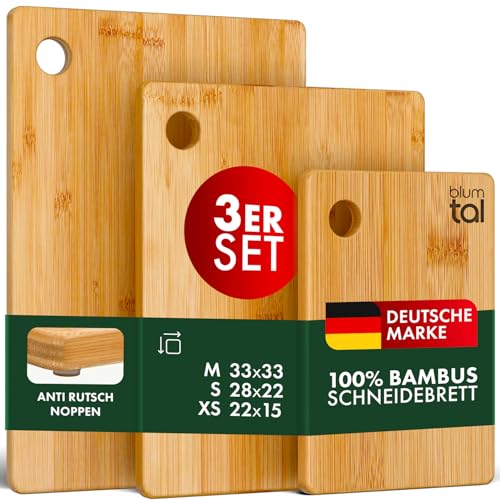 Blumtal Bambus Schneidebrett Carlota 3er Set - Hackbrett mit Loch zum aufhängen, Küchenhelfer aus 100% Bambus mit Silikonfuß von Blumtal