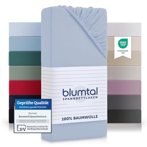 Blumtal® Baumwolle Spannbettlaken für Topper 90x200 cm Basics Jersey - Bettlaken 90x200 cm - Oeko-TEX zertifiziertes Spannbetttuch 90x200 cm - Topper Spannbettlaken 90x200 cm - Hellblau von Blumtal