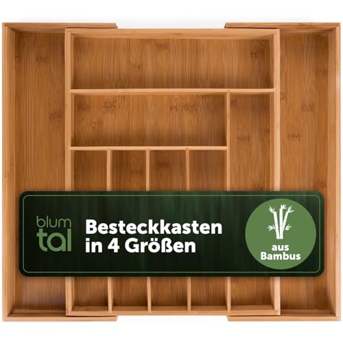 Blumtal Besteckkasten aus 100% Bambus - größenverstellbarer Schubladentrenner Küche - Besteck Organizer 7 bis 9 Fächer - ausziehbare Schublade für Küchenschubladen - Organizer Küche Besteck in groß von Blumtal