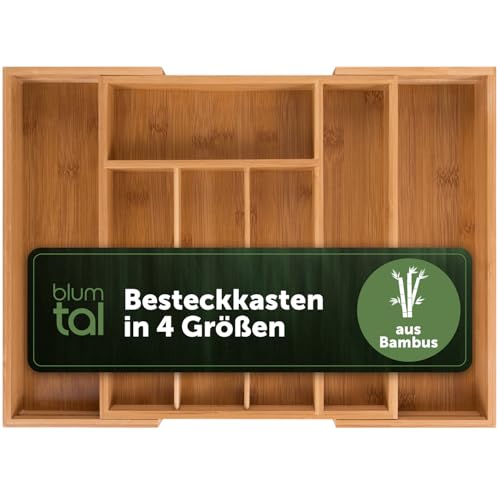 Blumtal Besteckkasten aus 100% Bambus - größenverstellbarer Schubladentrenner Küche - Besteck Organizer 5 bis 7 Fächer - ausziehbare Schublade für Küchenschubladen - Organizer Küche Besteck in medium von Blumtal