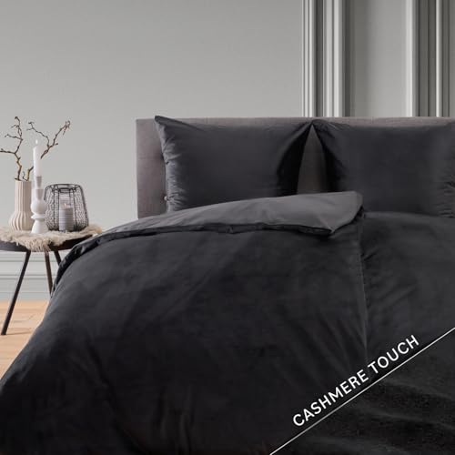 Blumtal Bettwäsche 135x200 cm Cashmere-Touch Plüsch 2er Set - Oeko-TEX zertifizierte Bettwäsche warm 135x200 2X + Kissenbezug 80x80 2X - Plüsch Bettwäsche 135x200 4teilig - Bettwäsche Teddy Schwarz von Blumtal