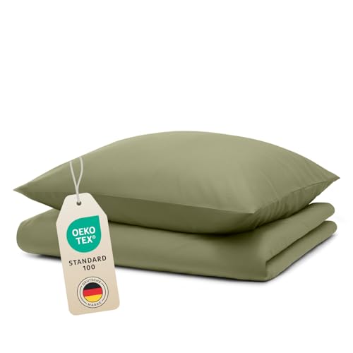 Blumtal Bettwäsche 155x220cm + 40x70cm Kopfkissenbezug - Oeko-TEX zert. Mikrofaser Bettwäsche Set - Mikrofaser Bettbezug bis 95 °C - Deckenbezug + Kissenbezug 2-teilig - Duvet Cover Light Olive Grün von Blumtal