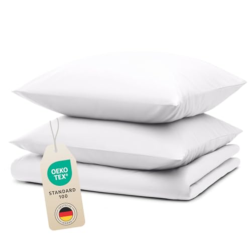 Blumtal Bettwäsche 200x200cm + 2X 65x65cm Kopfkissenbezug - Oeko-TEX zert. Mikrofaser Bettwäsche Set - Mikrofaser Bettbezug bis 95 °C - Deckenbezug + Kissenbezug 3-teilig - Sommerbettwäsche Weiß von Blumtal