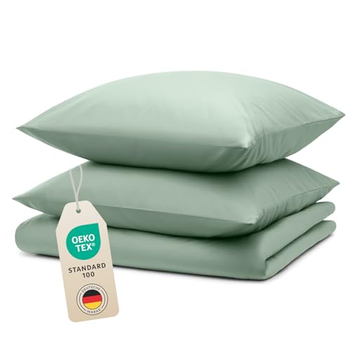 Blumtal Bettwäsche 240x220cm + 2X 40x70cm Kopfkissenbezug - Oeko-TEX zert. Mikrofaser Bettwäsche Set - Mikrofaser Bettbezug bis 95 °C - Deckenbezug + Kissenbezug 3-teilig - Duvet Cover Sommer Grün von Blumtal