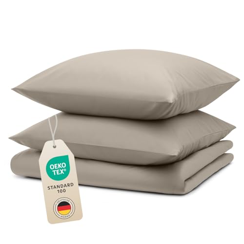Blumtal Bettwäsche 240x220cm + 2X 40x70cm Kopfkissenbezug - Oeko-TEX zert. Mikrofaser Bettwäsche Set - Mikrofaser Bettbezug bis 95 °C - Deckenbezug + Kissenbezug 3-teilig - Sommerbettwäsche Taupe von Blumtal