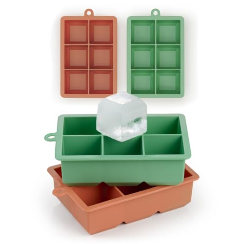 Blumtal 2x6er Silikon Eiswürfelform Würfel 4,4cm - Eiswürfelbehälter Würfelgröße XXL BPA frei, Leichtes Herauslösen der Eiswürfel, Olive Green - Mineral Red von Blumtal