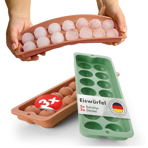 Blumtal Eiswürfelformen Silikon 3er Set - 14er Eiswürfelform mit Deckel - BPA-freie Silikon Eiskugelform -Silikonform Eiswürfel rund - Ice Ball Maker - Olivgrün + Olivgrün + Mineral Rot von Blumtal