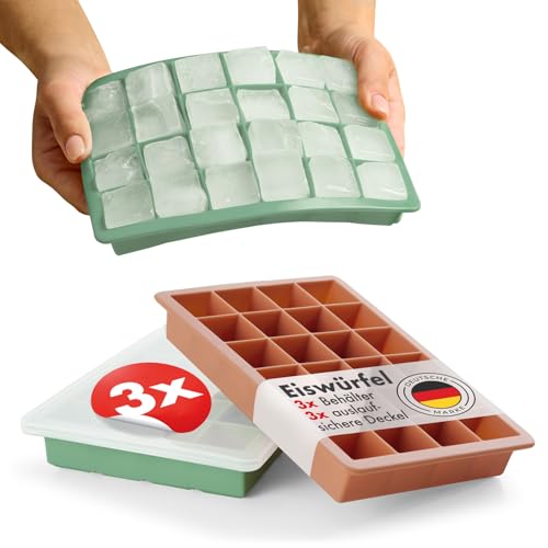 Blumtal Eiswürfelformen Silikon 3er Set - 24er Eiswürfelform mit Deckel - BPA-freie Silikon Eiswürfelform - Ice Cube Tray lebensmittelecht - Ice Tray - Olivgrün + Olivgrün + Mineral Rot von Blumtal