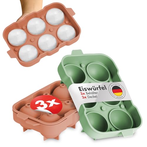 Blumtal Eiswürfelformen Silikon 3er Set - 6er Eiswürfelform mit Deckel - BPA-freie Silikon Eiskugelform -Silikonform Eiswürfel rund - Ice Ball Maker - Olivgrün + Olivgrün + Mineral Rot von Blumtal