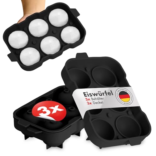 Blumtal Eiswürfelformen Silikon 3er Set - 6er Eiswürfelform mit Deckel - BPA-freie Silikon Eiskugelform groß - Silikonform Eiswürfel rund - Ice Ball Maker - Schwarz von Blumtal