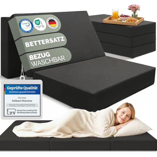 Blumtal Klappmatratze 120x200 cm - 3teilige Gästematratze klappbar extra dick (14 cm) - rückenfreundliche Faltmatratze 140x200 Schaumstoff - Schlafmatratze + Bezug Anthrazit hautfreundlich & waschbar von Blumtal