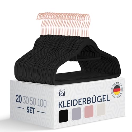 Blumtal Kleiderbügel 20 Stück - Kleiderbügel Samt 360° drehbar und belastbar - Kleiderbügel platzsparend und rutschfest - Kleiderbügel Schwarz mit Samtbezug - Samtbügel - Kleiderbügel Samt Schwarz von Blumtal