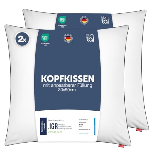 Blumtal Kopfkissen 80x80 cm 2er Set - Nackenkissen mit anpassbarer Füllung - 100% Mikrofaser & waschbar bis 95 Grad - höhenverstellbares Kissen mit Paspel - für erholsamen Schlaf von Blumtal