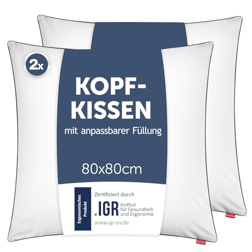 Blumtal Kopfkissen 80x80 cm 2er Set - Nackenkissen mit anpassbarer Füllung - 100% Mikrofaser & waschbar bis 95 Grad - höhenverstellbares Kissen mit Paspel - für erholsamen Schlaf von Blumtal