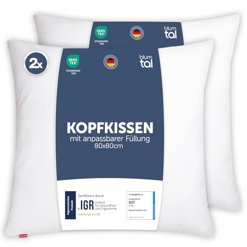 Blumtal Kopfkissen 80x80 cm 2er Set - Nackenkissen mit anpassbarer Füllung - 100% Mikrofaser & waschbar bis 95 Grad - höhenverstellbares Kissen von Blumtal