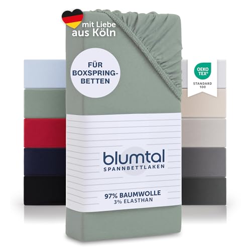 Blumtal Luxus Spannbettlaken 180x200cm Boxspringbett 2er Set bis 40cm Höhe - Oeko-Tex Zertifizierte Baumwoll Bettlaken 180x200 Boxspringbett - Spannbettlaken 180x200cm Baumwolle - Summer Green von Blumtal