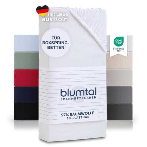 Blumtal Luxus Spannbettlaken 180x200cm Boxspringbett 2er Set bis 40cm Höhe - Oeko-Tex Zertifizierte Baumwoll Bettlaken 180x200 Boxspringbett - Spannbettlaken 180x200cm Baumwolle - Weiss von Blumtal