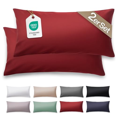 Blumtal Mako Satin Kissenbezug 40 x 80 Baumwolle Rot - 2er Set Kissenbezüge aus 100% Baumwolle - edle Glanzoptik & Reißverschluss - Satin Kissenbezug für Kopfkissen 40x80 & Sofakissen von Blumtal