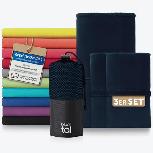 Blumtal Mikrofaser Handtuch 3er Set 180 x 90cm + 2X 80 x 40cm - Mikrofaser Handtuch Set 3-teilig - schnelltrocknendes Microfaser Badetuch - Sporthandtuch - Reisehandtuch - Gym Towel Darc Ocean Blau von Blumtal