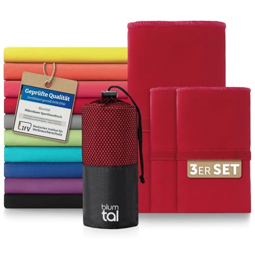 Blumtal Mikrofaser Handtuch 3er Set 180 x 90cm + 2X 80 x 40cm - Mikrofaser Handtuch Set 3-teilig - schnelltrocknendes Microfaser Badetuch groß - Sporthandtuch - Reisehandtuch - Gym Towel Dunkelrot von Blumtal