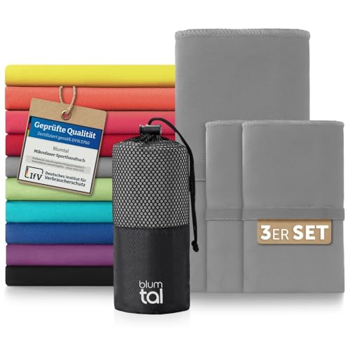 Blumtal Mikrofaser Handtuch 3er Set 180 x 90cm + 2X 80 x 40cm - Mikrofaser Handtuch Set 3-teilig - schnelltrocknendes Microfaser Badetuch groß - Sporthandtuch - Reisehandtuch - Gym Towel Grau von Blumtal