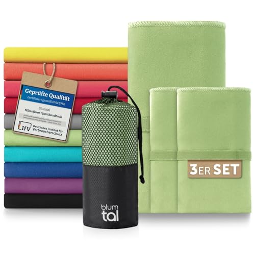 Blumtal Mikrofaser Handtuch 3er Set 180 x 90cm + 2X 80 x 40cm - Mikrofaser Handtuch Set 3-teilig - schnelltrocknendes Microfaser Badetuch groß - Sporthandtuch - Reisehandtuch - Gym Towel Grün von Blumtal