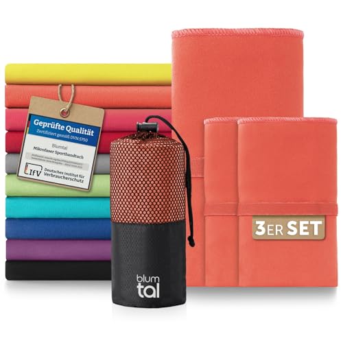Blumtal Mikrofaser Handtuch 3er Set 180 x 90cm + 2X 80 x 40cm - Mikrofaser Handtuch Set 3-teilig - schnelltrocknendes Microfaser Badetuch groß - Sporthandtuch - Reisehandtuch - Gym Towel Koralle von Blumtal