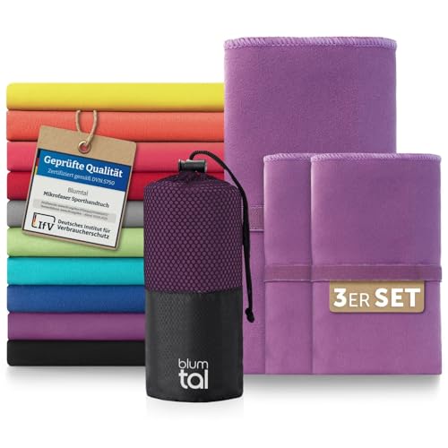 Blumtal Mikrofaser Handtuch 3er Set 180 x 90cm + 2X 80 x 40cm - Mikrofaser Handtuch Set 3-teilig - schnelltrocknendes Microfaser Badetuch groß - Sporthandtuch - Reisehandtuch - Gym Towel Lila von Blumtal