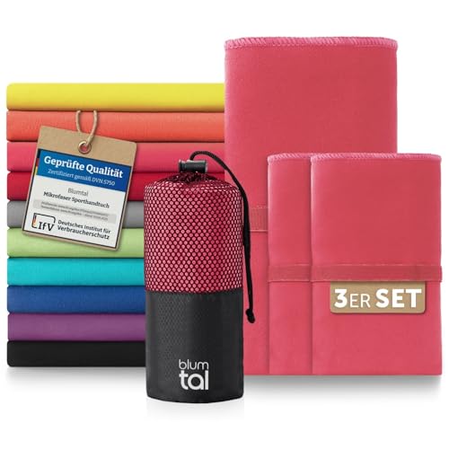 Blumtal Mikrofaser Handtuch 3er Set 180 x 90cm + 2X 80 x 40cm - Mikrofaser Handtuch Set 3-teilig - schnelltrocknendes Microfaser Badetuch groß - Sporthandtuch - Reisehandtuch - Gym Towel Pink von Blumtal