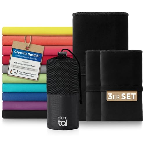 Blumtal Mikrofaser Handtuch 3er Set 180 x 90cm + 2X 80 x 40cm - Mikrofaser Handtuch Set 3-teilig - schnelltrocknendes Microfaser Badetuch groß - Sporthandtuch - Reisehandtuch - Gym Towel Schwarz von Blumtal