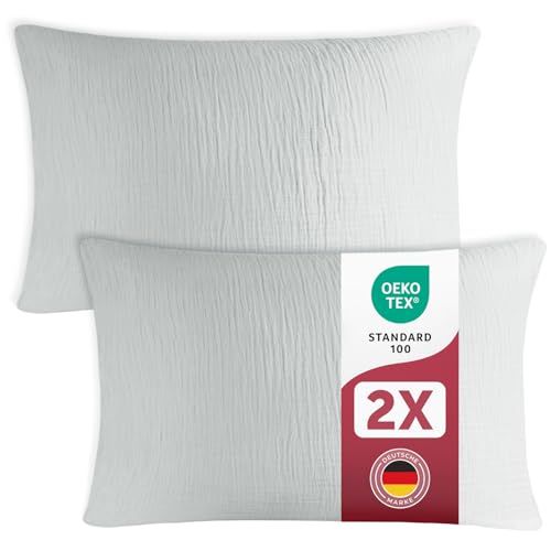 Blumtal Musselin Kissenbezug 40x80 cm 2er Set - Oeko-TEX zert. Kissenbezug Musselin aus 100% Baumwolle - extra weiches Kissen-Set waschbar bei 40 °C - atmungsaktive Sommer Kopfkissenbezüge Blau von Blumtal